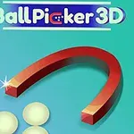 Červený magnet v tvare podkovy priťahujúci niekoľko bielych guličiek na modrozelenom pozadí s nadpisom Ball Picker 3D hore