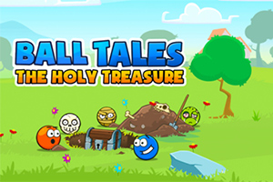 Farebná obrázková scéna s usmievajúcimi sa a lebkovými guľami v animovanej krajinke s nápisom Ball Tales: The Holy Treasure