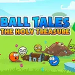 Farebná obrázková scéna s usmievajúcimi sa a lebkovými guľami v animovanej krajinke s nápisom Ball Tales: The Holy Treasure