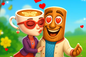 Postavičky s veselými výrazmi, kávovou šálkou a srdiečkami okolo v romantickom prostredí