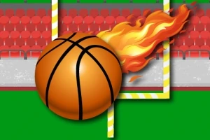 Basketbalová lopta s plameňmi za sebou smerujúca k futbalovej bráne na štadióne