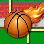 Basketbalová lopta s plameňmi za sebou smerujúca k futbalovej bráne na štadióne