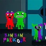 Štylizované farebné pixelové postavičky pred dvermi s nápisom BANBAN PARKOUR