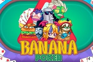 Kreslené postavičky vrátane zvierat a masiek sú umiestnené na zelenom stole s textom Banana Poker