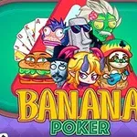 Kreslené postavičky vrátane zvierat a masiek sú umiestnené na zelenom stole s textom Banana Poker