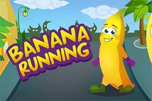 Banánová postavička stojí na ceste s nápisom Banana Running v pozadí