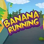 Banánová postavička stojí na ceste s nápisom Banana Running v pozadí