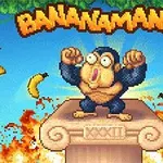 Kreslená opica stojí na podstavci, obklopená lietajúcimi banánmi a plameňmi, s nápisom BANANAMANIA nad hlavou