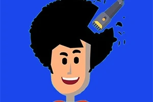 Ilustrácia muža s afro účesom, ktorému elektrický strojček strihá vlasy na modrom pozadí