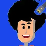 Ilustrácia muža s afro účesom, ktorému elektrický strojček strihá vlasy na modrom pozadí