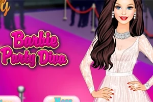 Ilustrovaná postava s dlhými hnedými vlasmi v elegantných bielych šatách stojí na ružovom pozadí s textom Barbie Party Diva