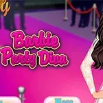 Ilustrovaná postava s dlhými hnedými vlasmi v elegantných bielych šatách stojí na ružovom pozadí s textom Barbie Party Diva