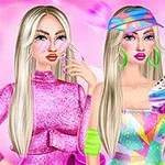 Dvaja kreslení módni modelky s dlhými blond vlasmi, výrazným líčením a oblečením v dúhových farbách, jedna drží kolieskové korčule, na ružovom pozadí
