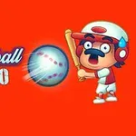 Kreslená postavička v baseballovom oblečení s pálkou a textom Baseball Hero na oranžovom pozadí