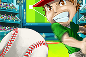 Karikatúrny hráč baseballu v zelenom tričku a červenej šiltovke pripravený odpáliť prichádzajúcu loptu na štadióne
