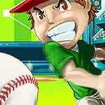 Karikatúrny hráč baseballu v zelenom tričku a červenej šiltovke pripravený odpáliť prichádzajúcu loptu na štadióne