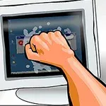 Päsť udiera do monitora počítača, pričom rozbíja obrazovku