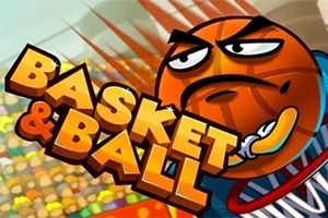 Oranžová basketbalová lopta s ľudskou tvárou a výrazom koncentrácie vyskakuje smerom k obruči, v pozadí sú rozmazaní diváci a názov Basket & Ball