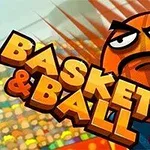 Oranžová basketbalová lopta s ľudskou tvárou a výrazom koncentrácie vyskakuje smerom k obruči, v pozadí sú rozmazaní diváci a názov Basket & Ball
