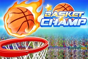 Basketbalová lopta v plameňoch letiaca do koša s nápisom Basket Champ na pozadí s rozmazanými divákmi