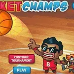 Kreslená postava v červenom drese hádže basketbalovú loptu do koša na drevenej palubovke