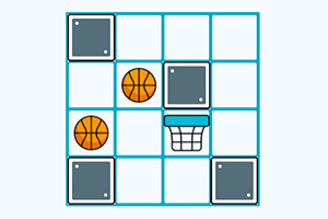 Basketbalová mriežka s oranžovými loptami, sivými blokmi a basketbalovým košom
