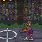 Dvaja kreslení príšery hrajú basketbal na ihrisku s davom roztleských príšer v pozadí