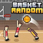 Štylizovaná pixelová grafika s dvoma basketbalovými tímami a basketbalovou loptou v strede
