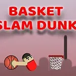 Ilustrácia s animovanou postavou držiacou basketbalovú loptu pred košom, so zvýrazneným nápisom Basket Slam Dunk