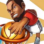 Kreslená postava v červenom tričku zakláňa basketbalovú loptu cez obruč