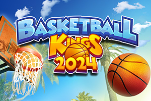 Logo s nápisom Basketball Kings 2024 na pozadí s basketbalovým košom, loptičkou a palmami
