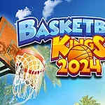 Logo s nápisom Basketball Kings 2024 na pozadí s basketbalovým košom, loptičkou a palmami