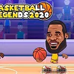 Animované postavy s obrovskými hlavami hrajú basketbal na ihrisku, s nápisom Basketball Legends 2020 hore