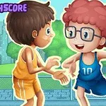 Dvaja kreslení chlapci v športovom oblečení hrajú basketbal na ihrisku v meste