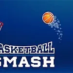 Basketbalová lopta letiaca smerom k obruči s nápisom Basketball Smash na modrom pozadí