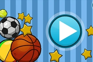 Farebný obrázok s basketbalovou a futbalovou loptou, žltými hviezdami a modrým kruhovým tlačidlom prehrávania