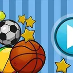 Farebný obrázok s basketbalovou a futbalovou loptou, žltými hviezdami a modrým kruhovým tlačidlom prehrávania