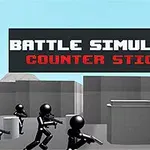 Čiernobiele a červené postavičky s puškami bežiace v šedsivom mestskom prostredí pod nápisom Battle Simulator: Counter Stickman