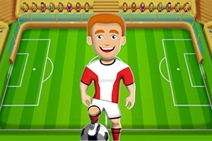 Kreslená postavička futbalistu v bieločervenom drese stojí na futbalovom ihrisku s loptou pri nohe a za ním sú prázdne tribúny