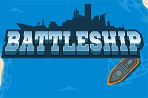 Nápis BATTLESHIP s obrysom bojovej lode v pozadí na modrom pozadí a malou loďkou v pravom dolnom rohu