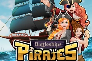 Pirátska loď plávajúca po mori s tromi postavami pirátov v popredí a výrazným nápisom Pirates
