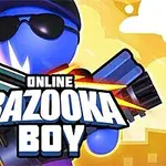 Modrá kreslená postava s čiernymi okuliarmi drží bazuku na pozadí so žltými a bielymi oblakmi, s nápisom Online Bazooka Boy