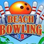 Oranžová bowlingová guľa a kolky s textom Beach Bowling 3D na pozadí s palmami a budovou