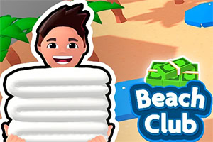 Usmievavý kreslený muž v nafukovacom kruhu na piesočnatej pláži s logom Beach Club