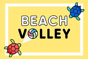 Žlté pozadie s dvoma korytnačkami a nápisom BEACH VOLLEY, pričom písmeno O je nahradené volejbalovou loptou
