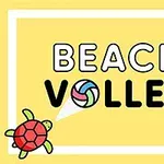 Žlté pozadie s dvoma korytnačkami a nápisom BEACH VOLLEY, pričom písmeno O je nahradené volejbalovou loptou