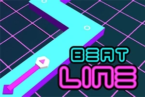 Modrá kľukatá cesta na mriežkovanom pozadí s nápisom BEAT LINE v žiarivých farbách