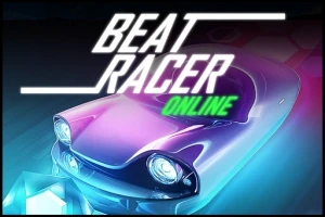 Neónové auto s jasnými svetlami v futuristickom štýle a nápisom BEAT RACER ONLINE