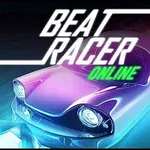Neónové auto s jasnými svetlami v futuristickom štýle a nápisom BEAT RACER ONLINE