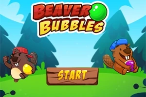 Dva kreslení bobri s farebnými loptami a nápisom Beaver Bubbles na zelenom pozadí s lesom